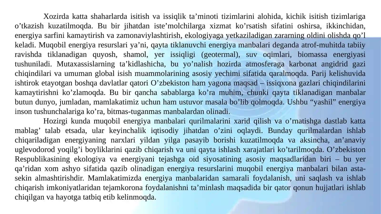 Muqobil energiyadan foydalanishning texnik shakllari 4