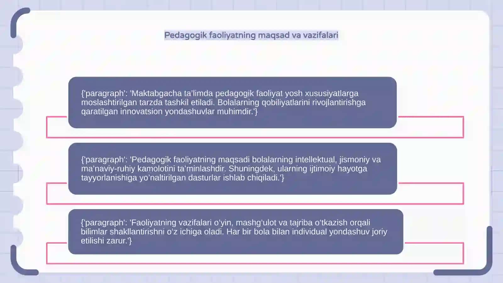 Maktabgacha ta’lim tashkilotlardagi Pedagogik faoliyatlarini loyihalashtirishning oʻziga xos xususiyatlari 4