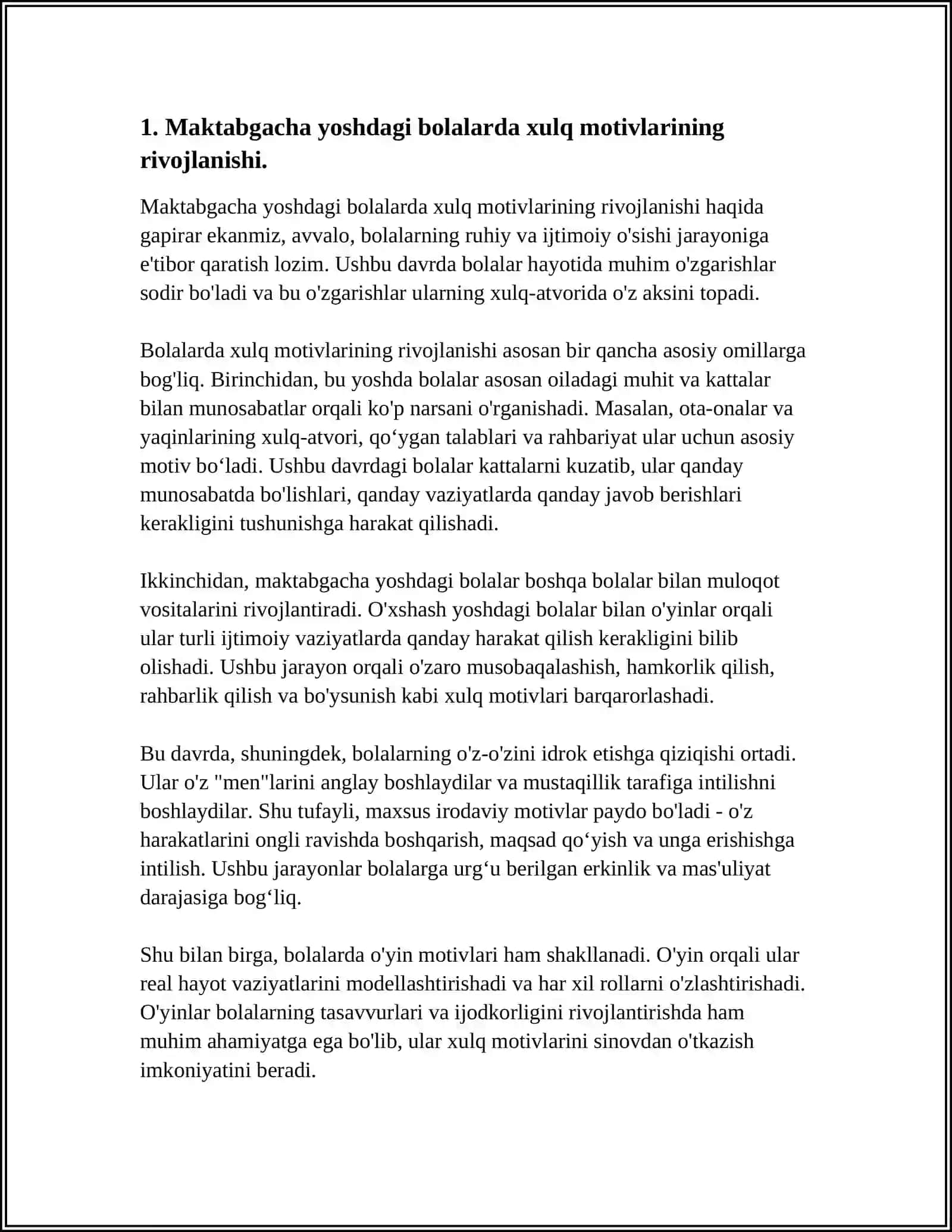 MAKTABGACHA YOSHDAGI BOLADA XULQ MOTIVLARINING RIVOJLANISHI VA OʻZIGA BAHO BERISHI SHAKLLANISHI REFERAT 4