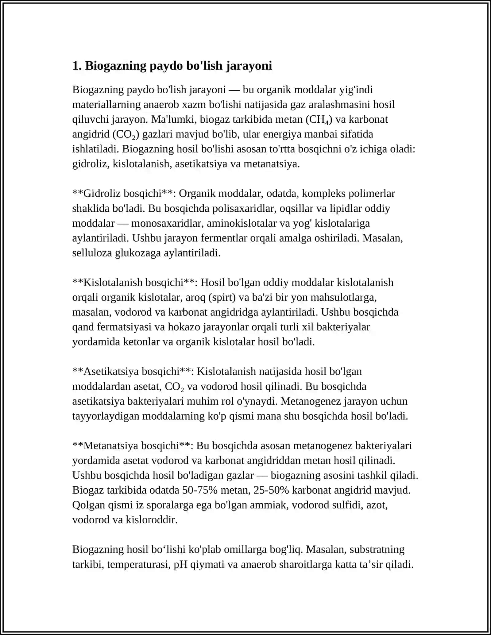 DARAXT PO'STLOGI VA O'SIMLIKLARDAN OLINADIGAN BIOGAZ 4
