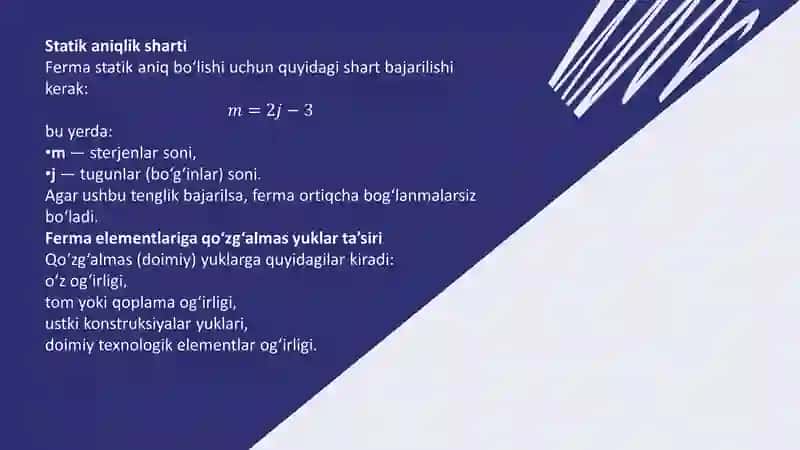 “Statik aniq fermalarni qo’zg’almas yuklar tasirida hisoblash” 4