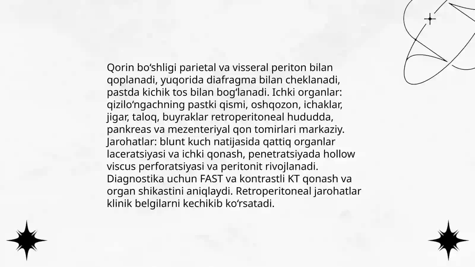 Ko'krak qafasi qorin bo‘shligi va kichik tos azolari travmalari. Politrovmalarni tekshirik taktikasi 4