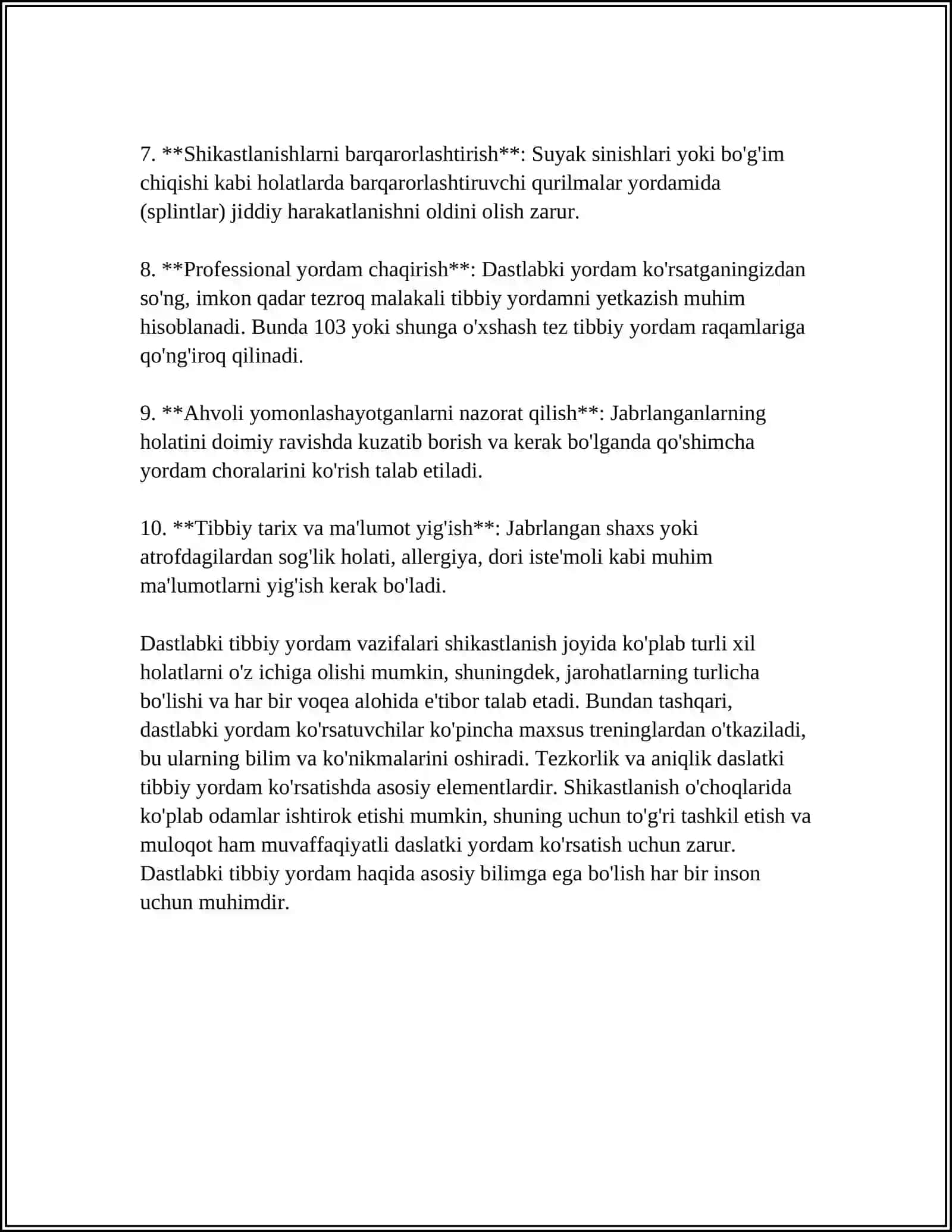 SHIKASTLANISH O'CHOQLARIDA DASTLABKI TIBBIY YORDAMNI TASHKIL QILISH 4