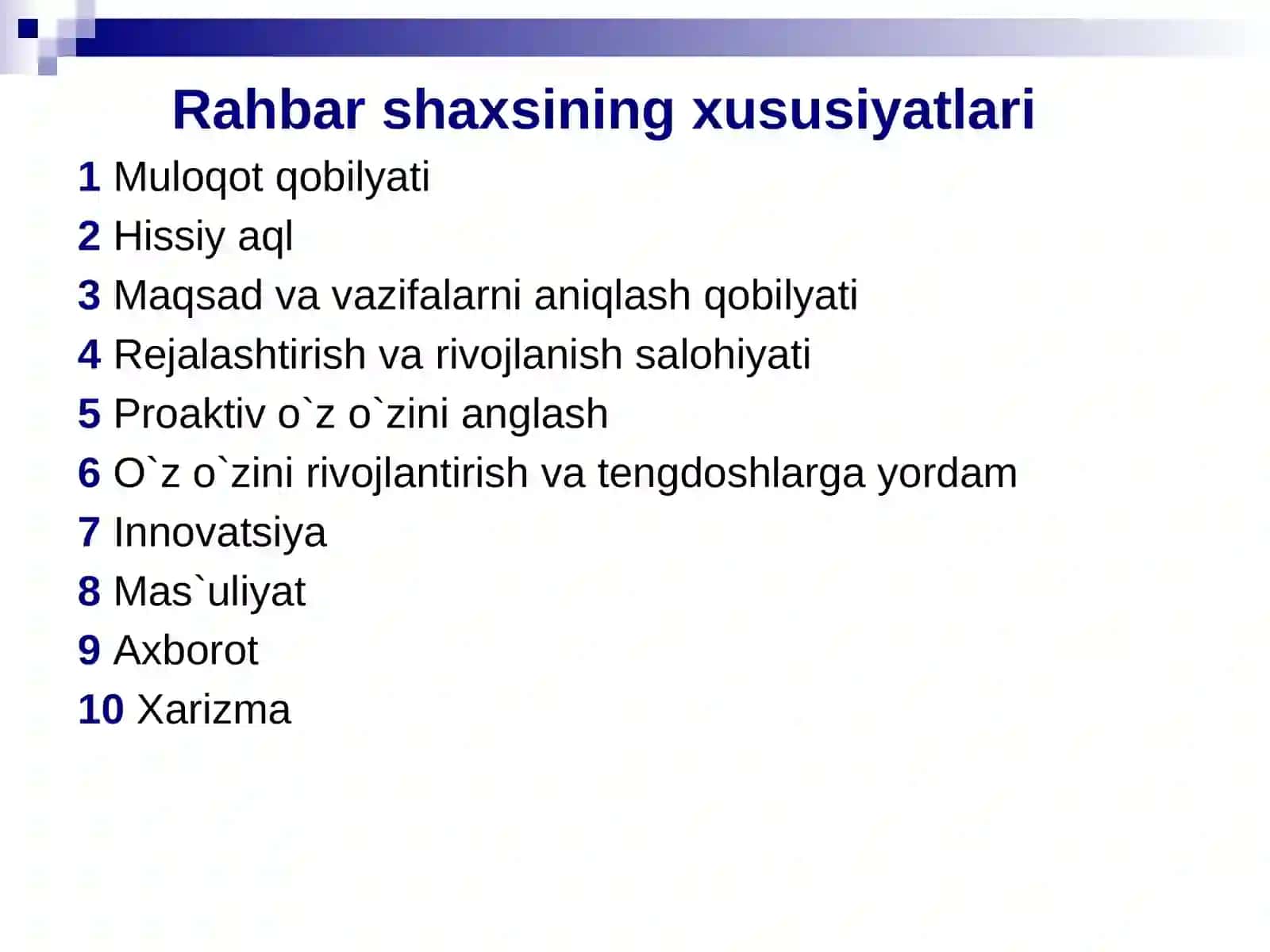Korxona rahbari lavozimiga ega bo`lish kerak bo`lgan xususiyatlar 4
