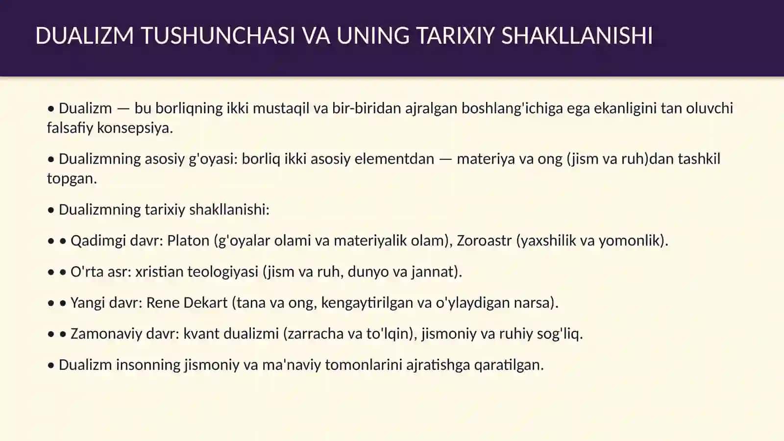 Insonni tushunishga dualizm va monizm nuqtayi nazaridan yondashuv 4