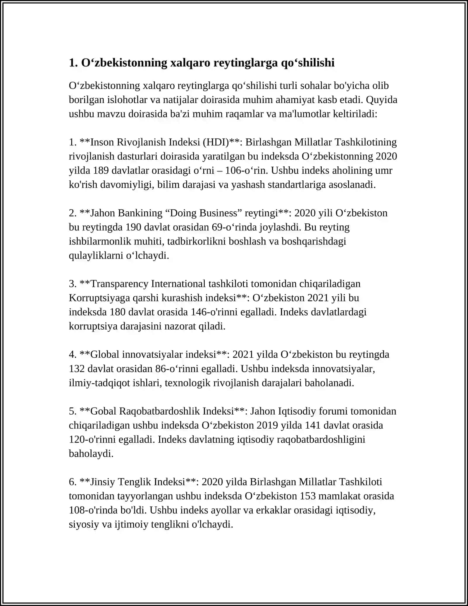 SIYOSIY-HUQUQIY SOHADAGI USTUVOR XALQARO REYTINGLAR VA ULARGA OʻZBEKISTONNING INTEGRATSIYALASHUVI 4