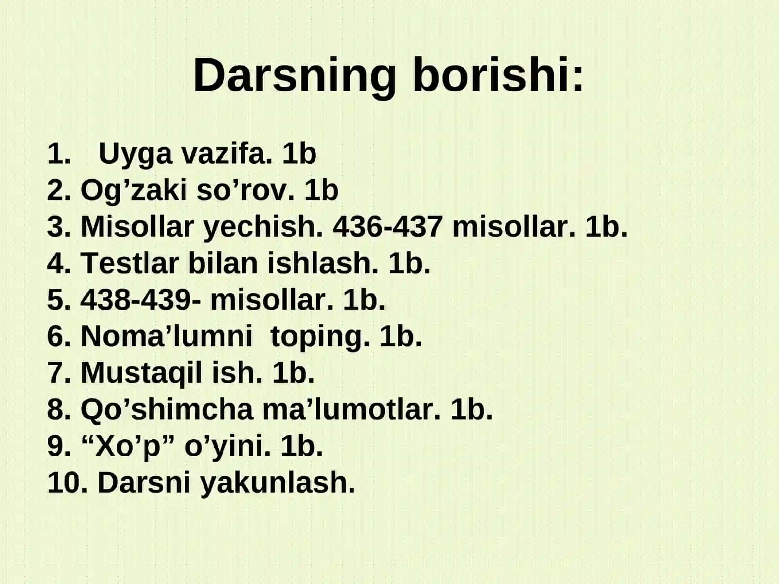 "6 SINFLARDA MATEMATIKA FANIDAN”SONLARNING BESHGA BO’LINISHIGA DOIR MISOLLAR YECHISH” 4