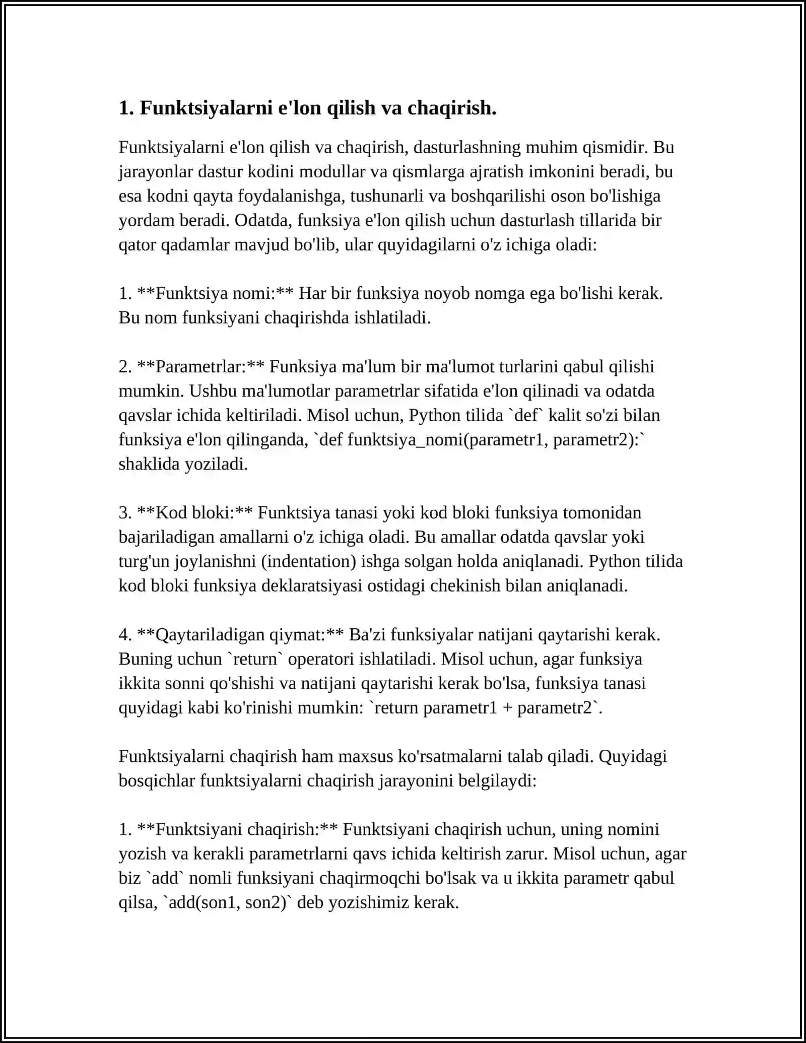 FUNKSIYALAR BILAN ISHLASH. FUNKSIYA PARAMETRLARI VA ARGUMENTLARI(C++ DASTURLASH TILIDA) 4