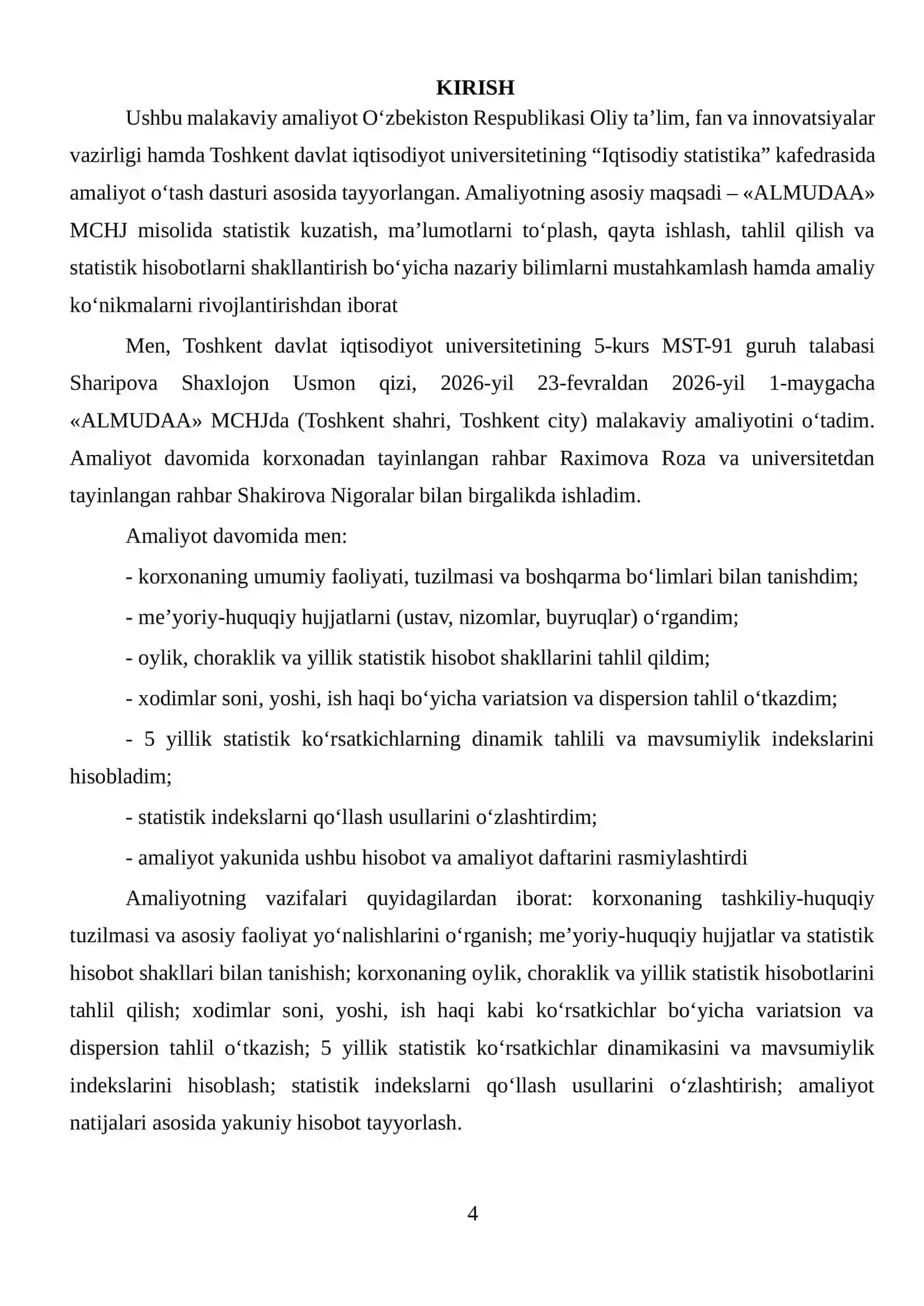 AMALIYOT HISOBOTI. «ALMUDAA» MCHJ konsalting va marketing xizmatlari faoliyati. 4