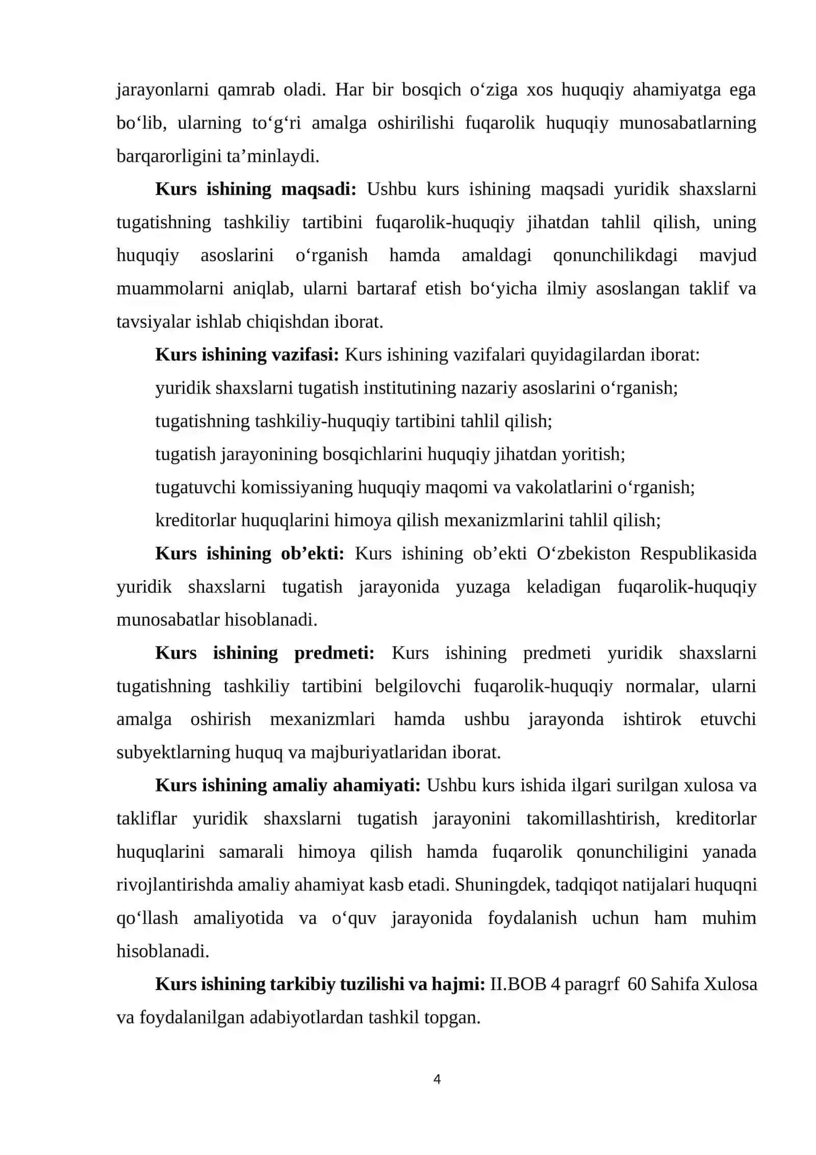 YURIDIK SHAXSLARNI TUGATISHNING TASHKILIY TARTIBINI FUQAROLIK-HUQUQIY TARTIBGA SOLISH MASALALARI. 4