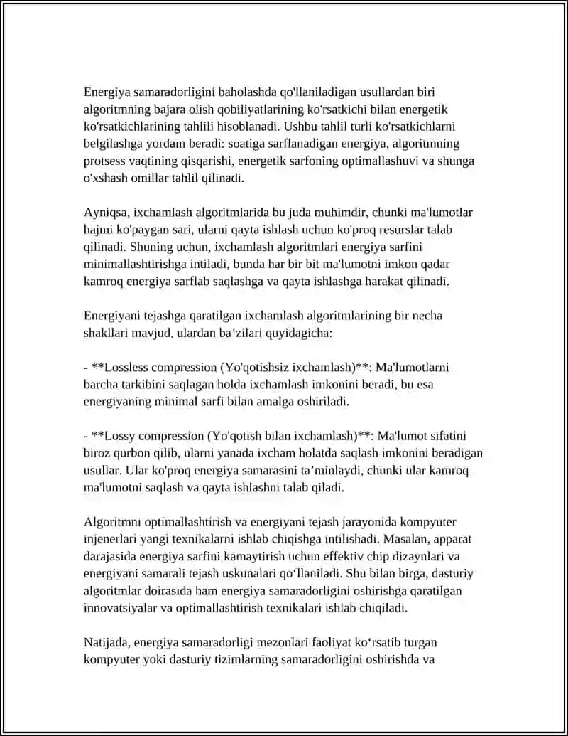IXCHAMLASHTIRISH ALGORITMLARIDA ENERGIYA SAMARADORLIGI 4