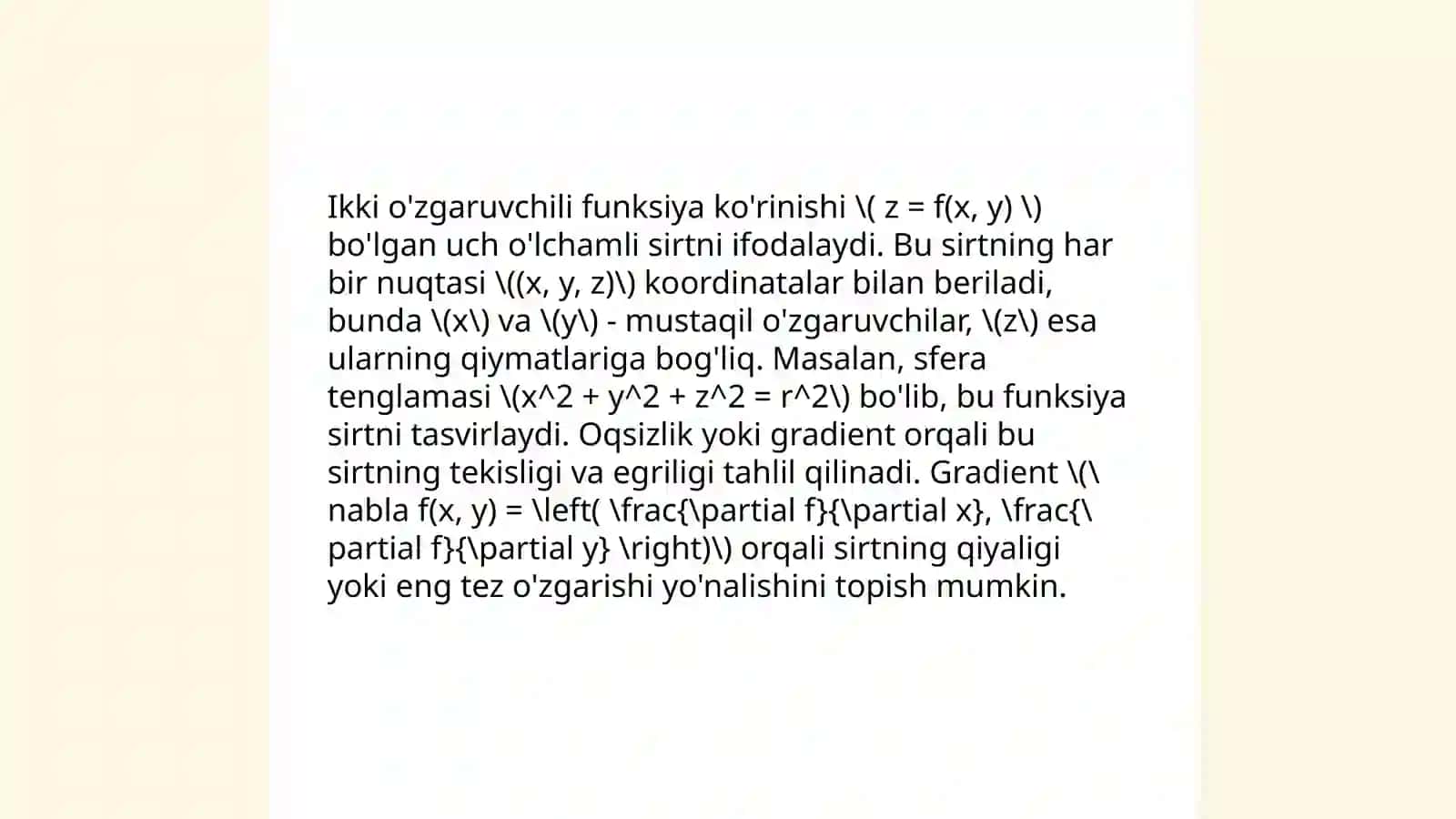 Uch o'zgaruvchili funksiya, uning xususiy hosilalari va integrallari 4