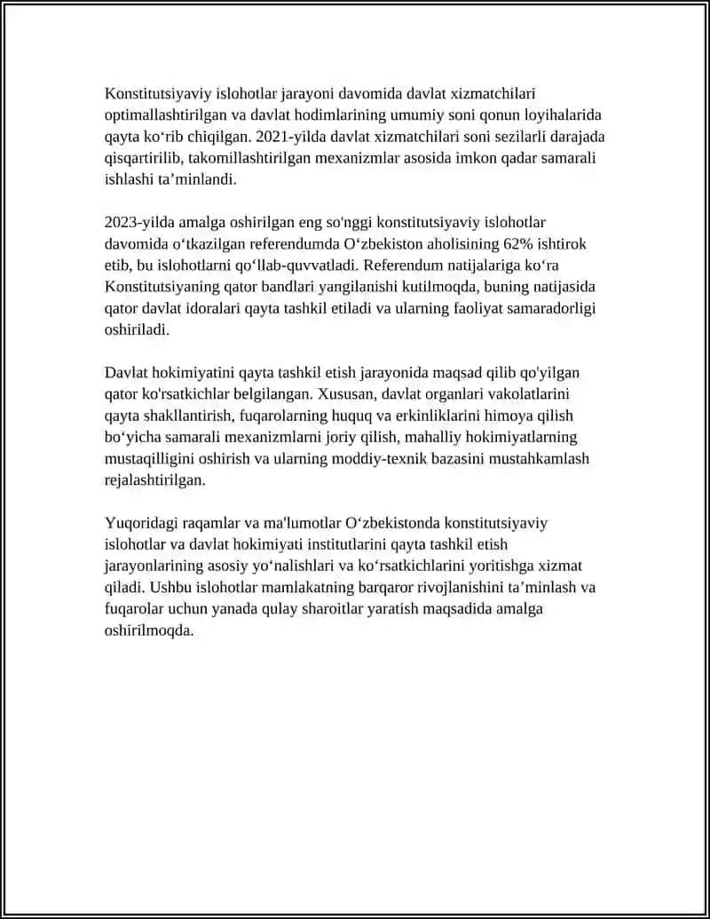 MUSTAQILLIK YILLARIDA DAVLAT BOSHQARUVI TIZIMIDA AMALGA OSHIRILGAN ISLOHOTLAR 4