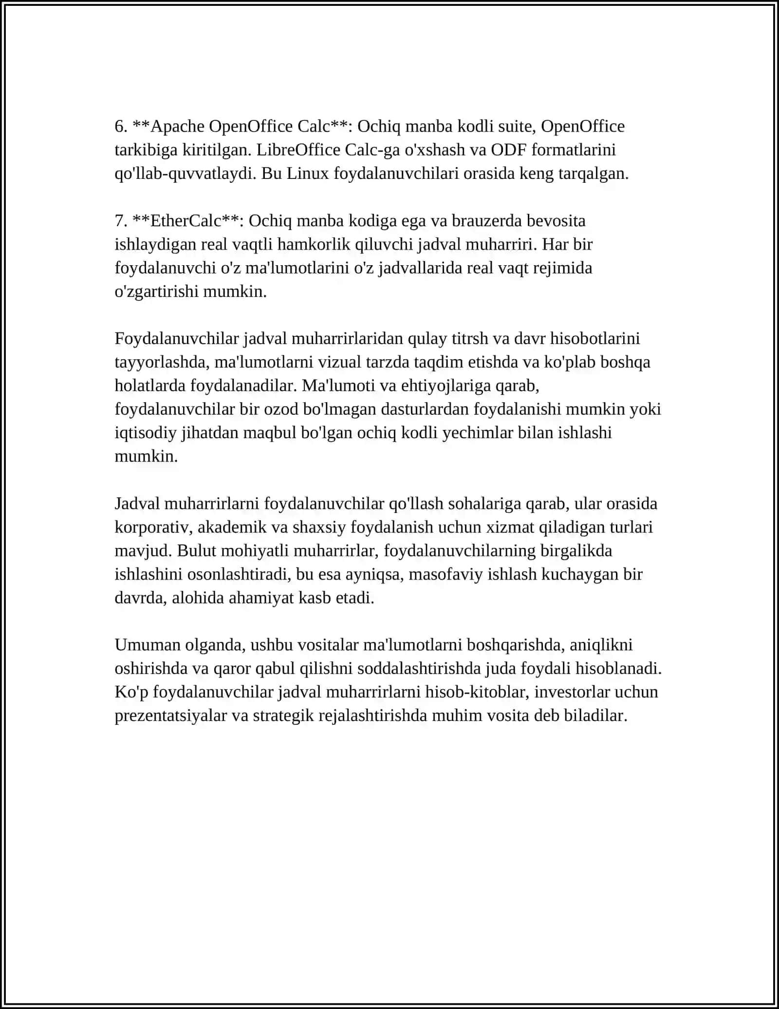 IQTISODIY AXBOROTLARNI JADVAL MUHARRIRLARIDAN FOYDALANGAN HOLDA QAYTA ISHLASH DASTURLARI 4