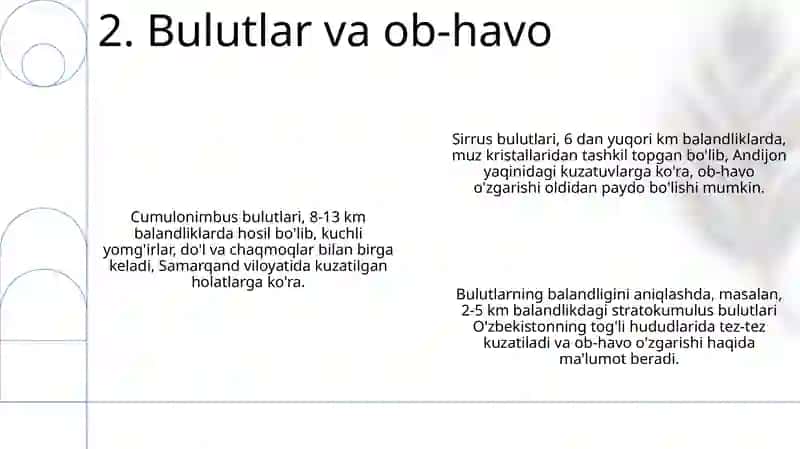 Bulutlar shaklini aniqlash va yoʻnalish tartibi. Bulutlar balandligini aniqlash. Bulutlar Atlasi 4