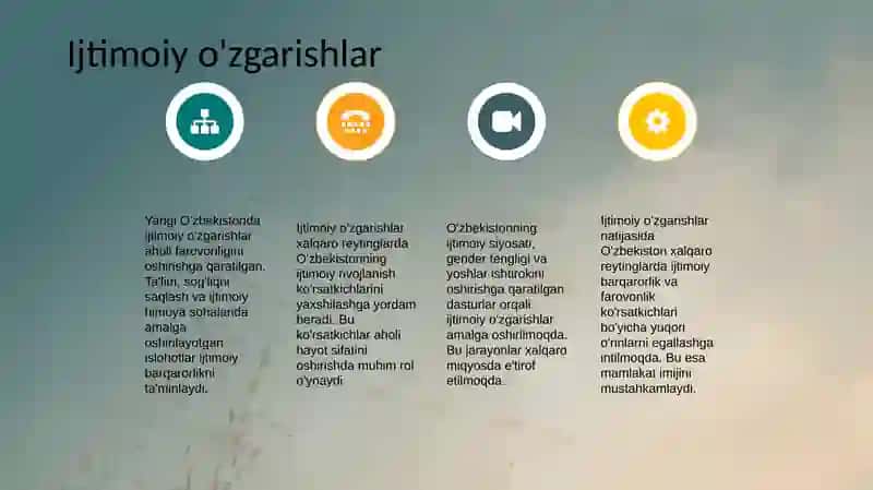 Yangi o'zbekistonda ijtimoiy siyosiy iqtisodiy va madaniy hayotida ro'y berayotgan oʻzgarishlarni xalqaro reyting va ind… 4