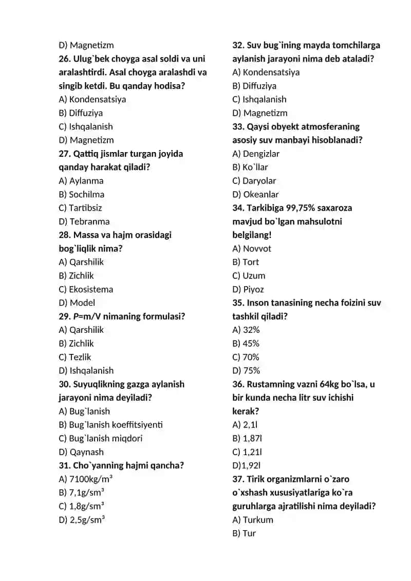 6-sinf tabiiy fan. Mavzulashtirilgan test. 4
