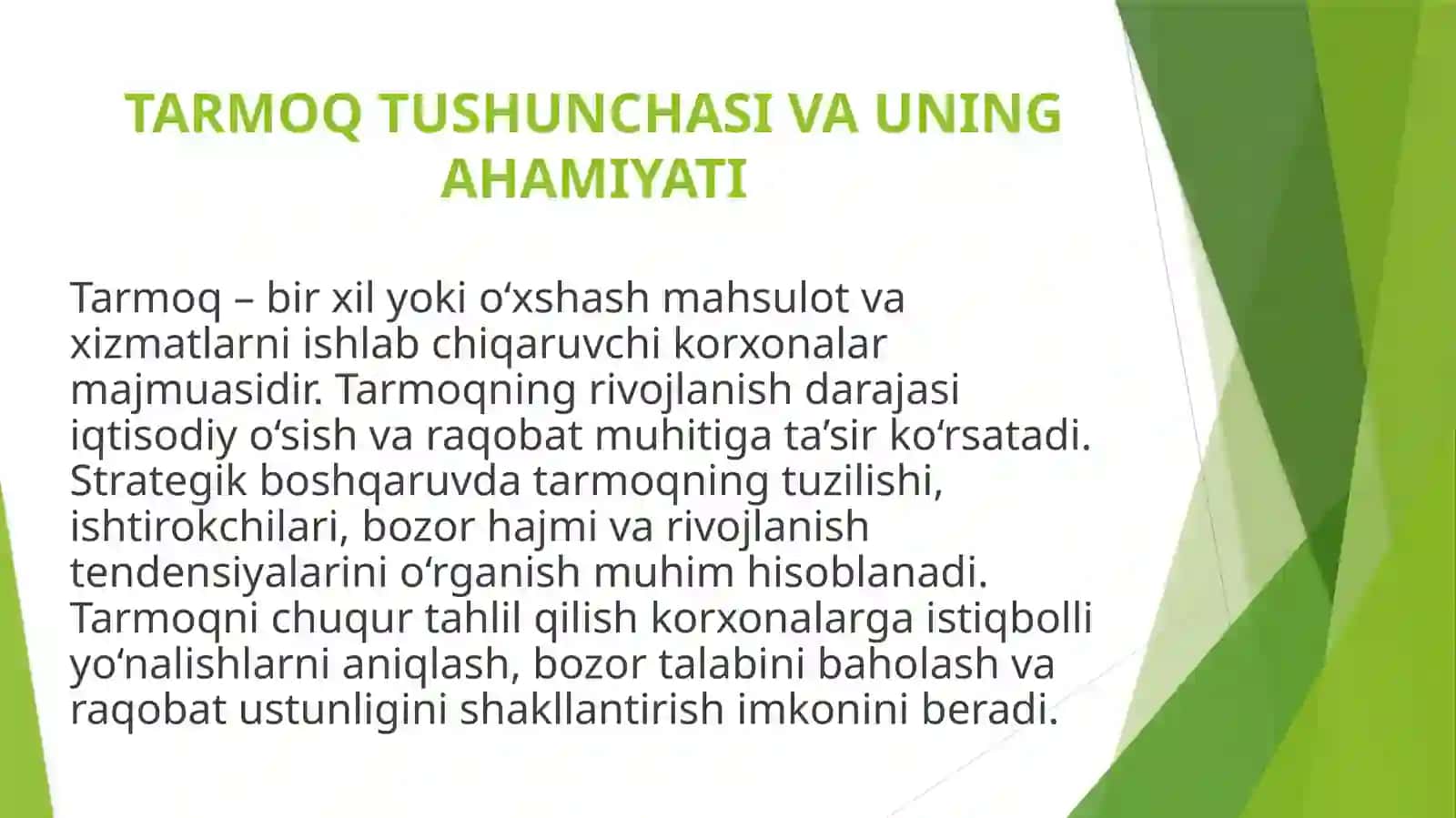 Tarmoqdagi umumiy vaziyat va unda raqobat strategiyasini ishlab chiqish 4