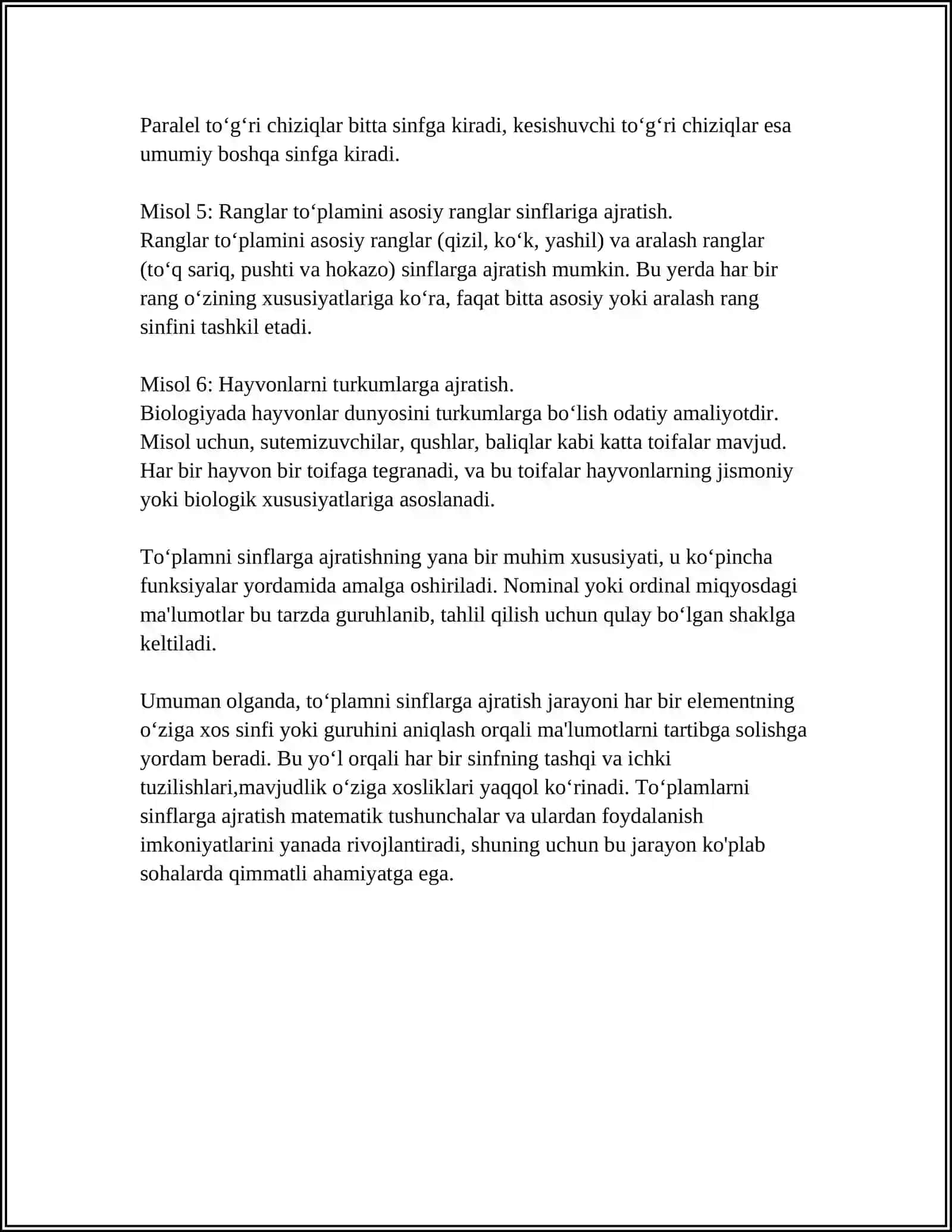 TO'PLAMLARNI SINFLARGA AJRATISHGA OID MISOLLAR 4