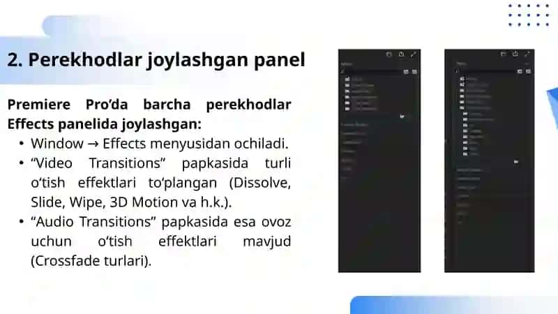 Adobe Premiere Pro dasturi Perehodlar bilan ishlash 4