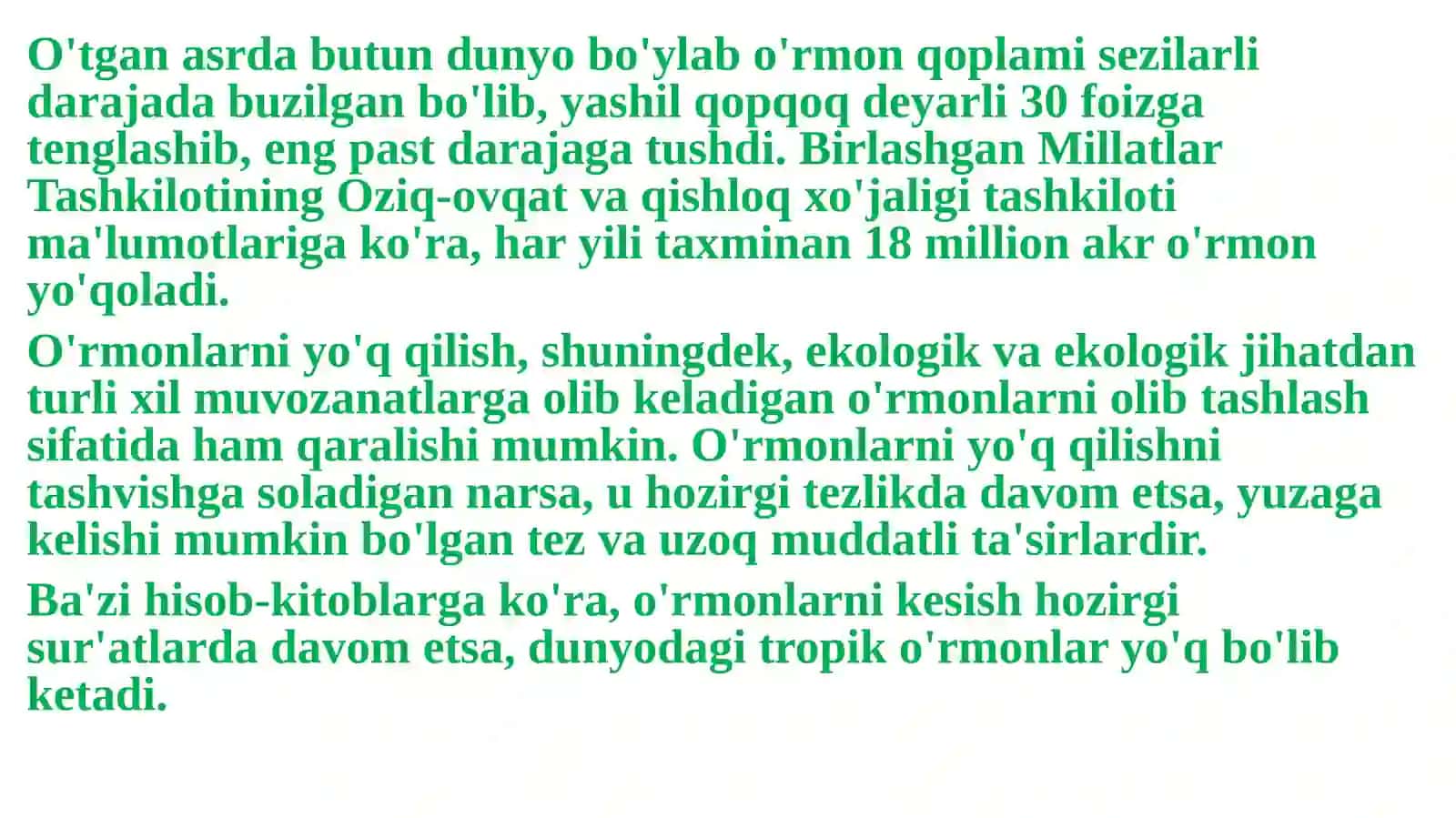 O'rmonlarning kesilishi ekologik barqarorlik g'atasi 4