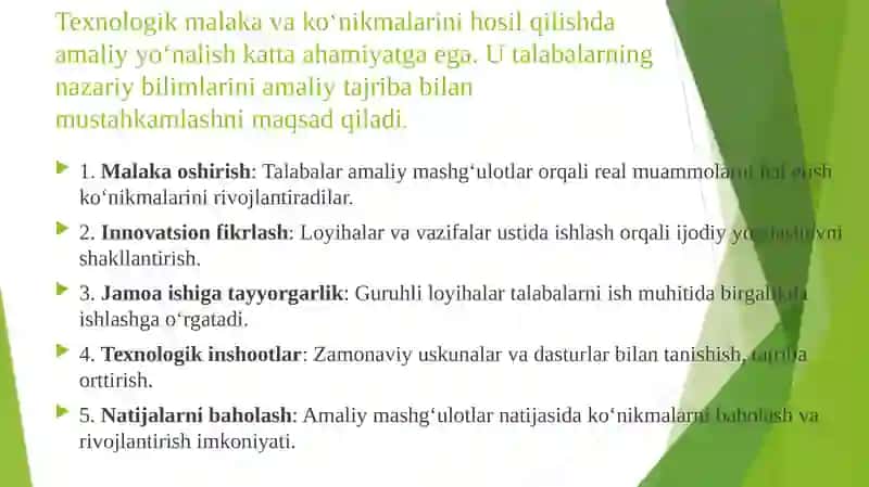 Texnologik malaka va ko‘nikmalarini hosil qilishda kursning amaliy yo‘nalishi 4