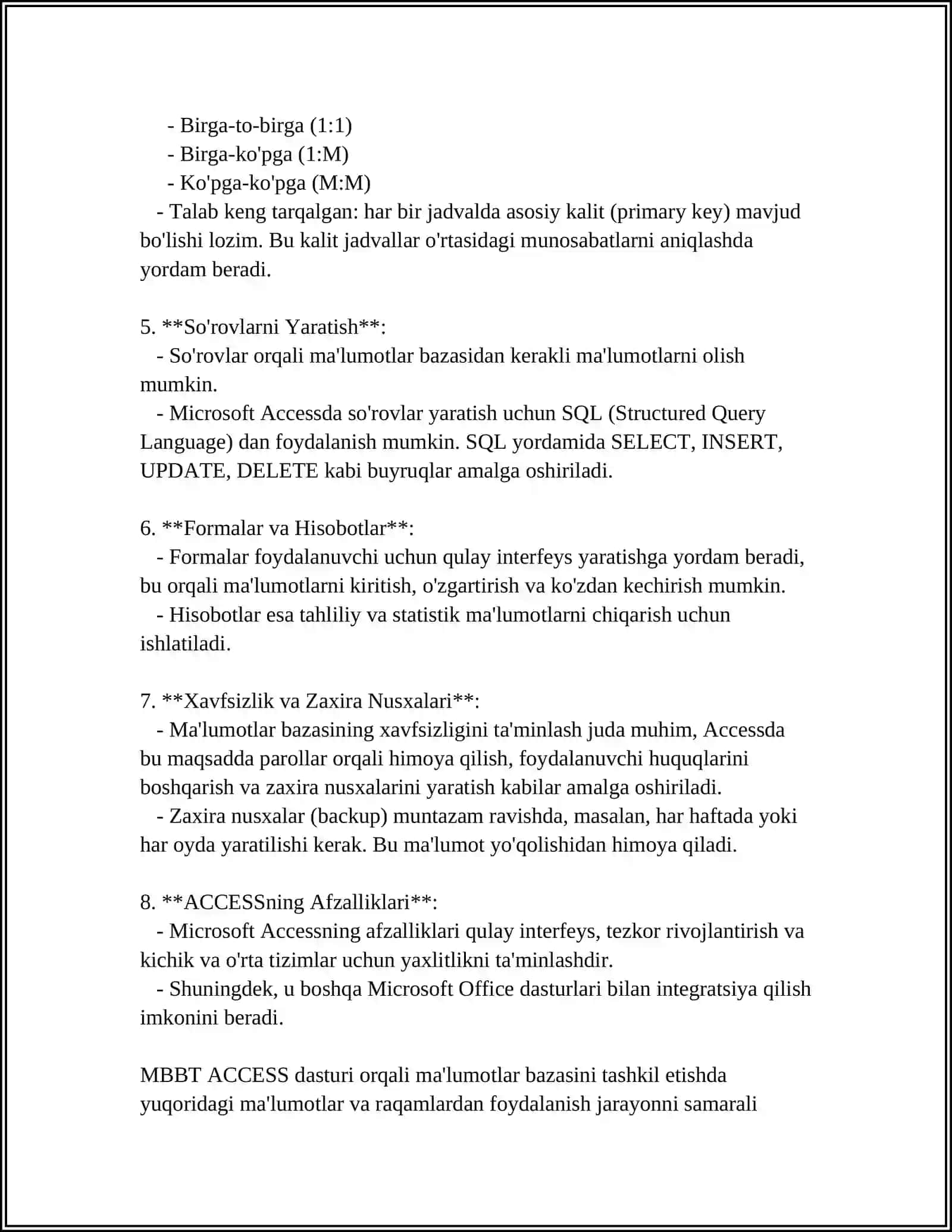 MBBT ACCESS DASTURIDA SO’ROV VA HISOBOTLAR TAYYORLASH 4