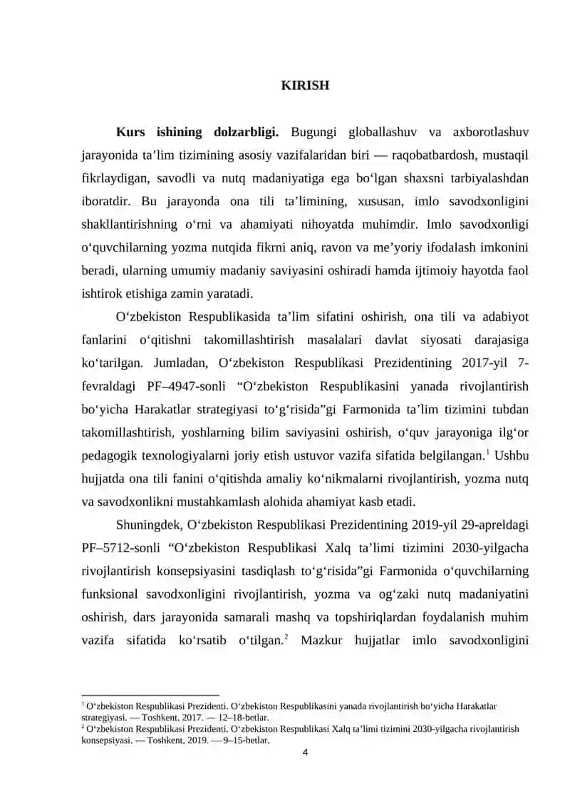 "IMLO SAVODXONLIGINI SHAKLLANTIRISHDA MASHQ VA TOPSHIRIQLARNING ROLI" mavzusidagi KURS ISHI 4