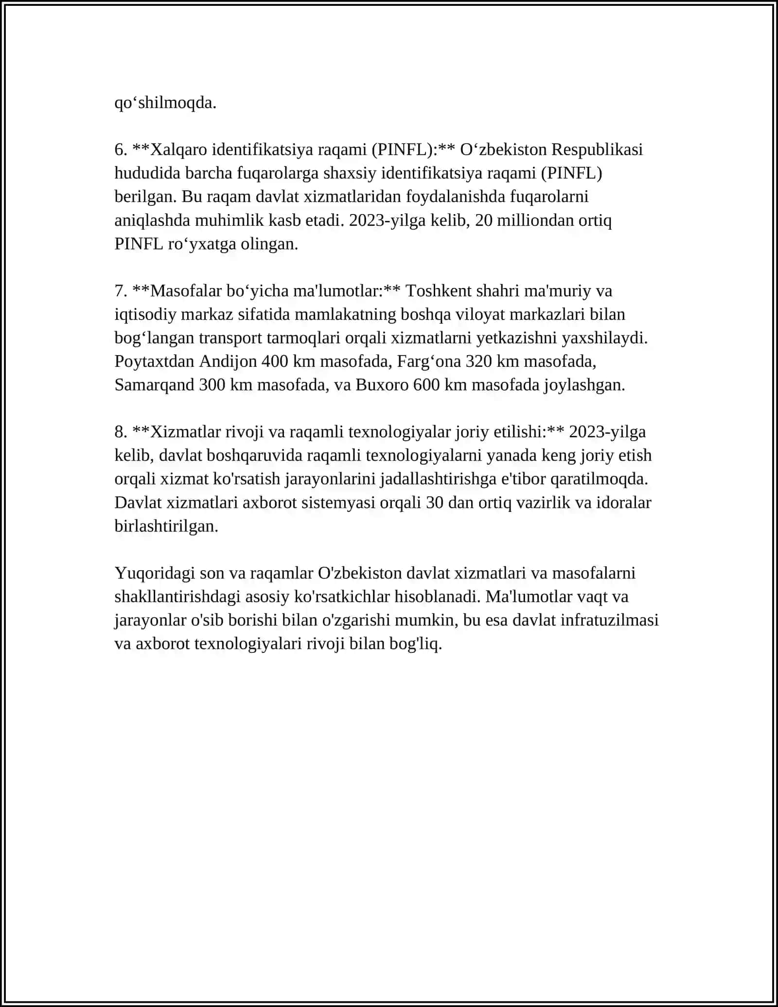 O'ZBEKISTON RESPUBLIKASI DAVLAT XIZMATI BILAN BOG'LIQ MASOFALAR TAHLILI 4