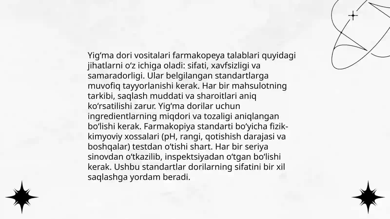 Dorixona sharoitida ishlab chiqariladigan qattiq dori turlari (poroshoklar, yigʻmalar ) ularga qoʻyiladigan talablar 4