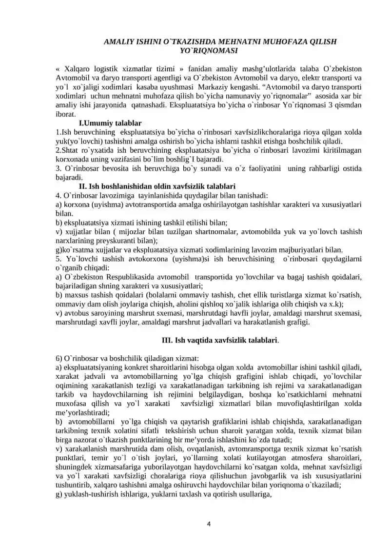 Tashishni tashkil etish va transport logistikasi (avtomobil transporti) yo‘nalishi talabalari uchun amaliy mashg`ulotlarini bajarish bo’yicha 4