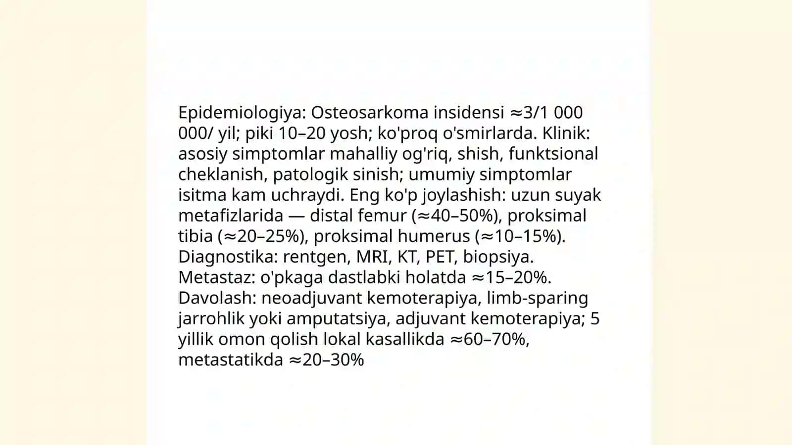 Suyak o'smalari. Artrozlar va artritlar. Bo'g'imlar o'smalari. Yumshoq to'qimalar o'smalari 4