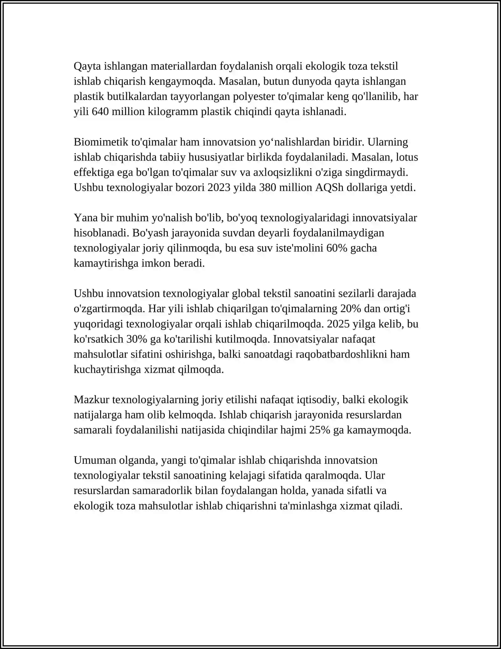 O‘ZBEKISTON QO‘SHMA KORXONALARDA YANGI TO‘QIMALAR ISHLAB CHIQARISH TEXNOLOGIYALARI 4