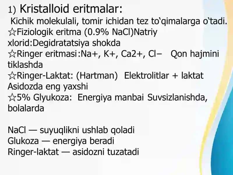 Infuzion terapiyaga ko'rsatma va qarshi ko'rsatmalar. Kardiostimulyatsiya tushunchasi va uning turlari. 4
