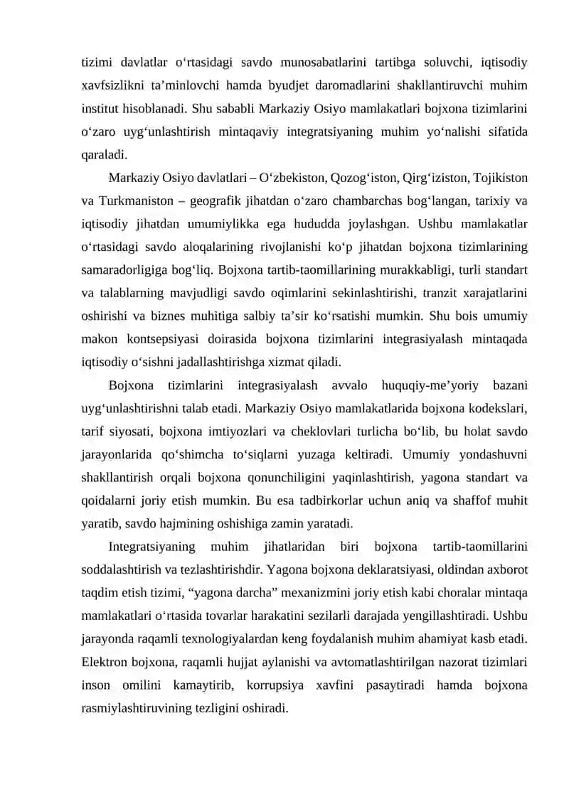 UMUMIY MAKON KONTSEPSIYASI DOIRASIDA MARKAZIY OSIYO MAMLAKATLARI BOJXONA TIZIMLARINI INTEGRASIYALASH. 4