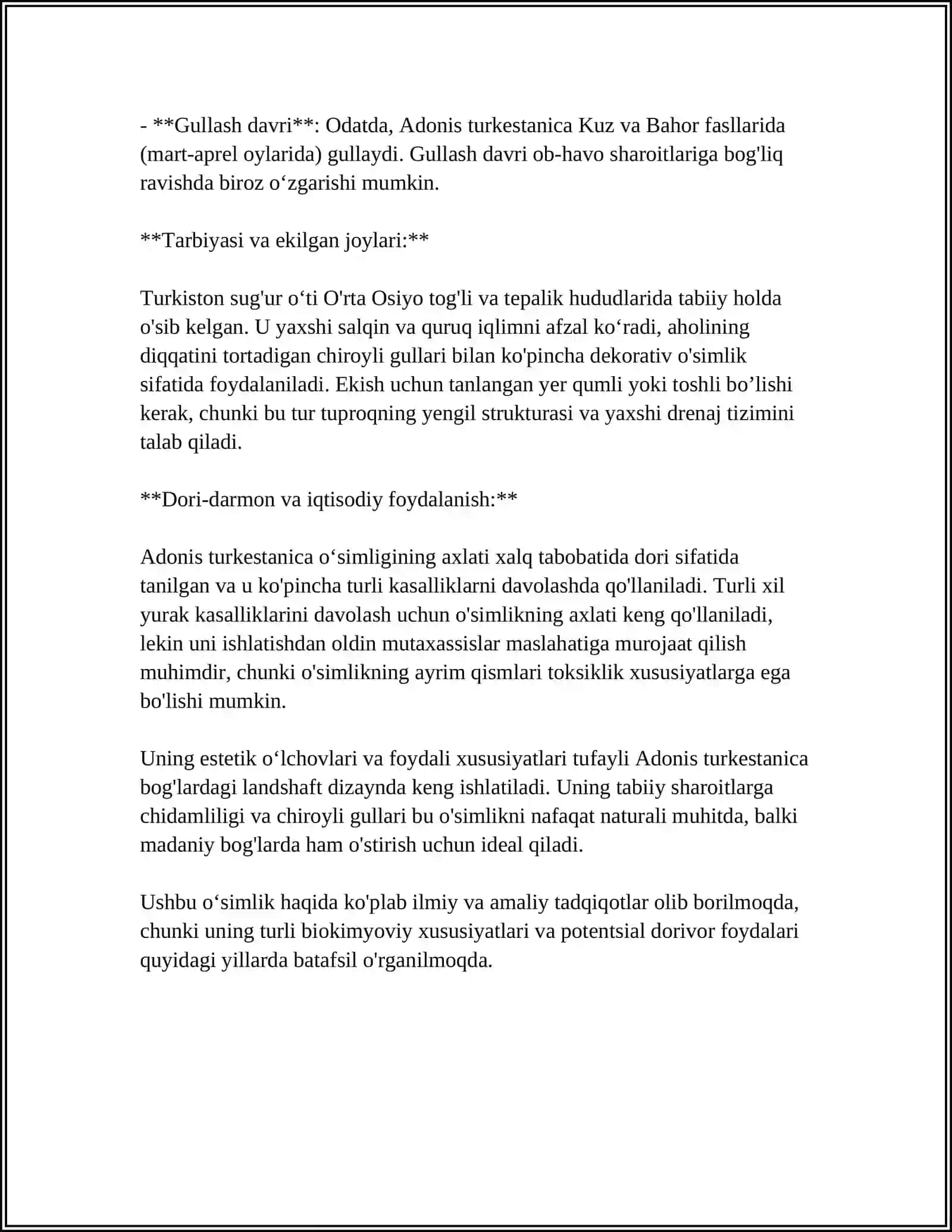 TURKISTON SUG'UR ŌTI (ADONIS TURKESTANICA) NI TARQALISH EKOLOGIYASI TIBBIYOTDA QŌLLANILISHI 4