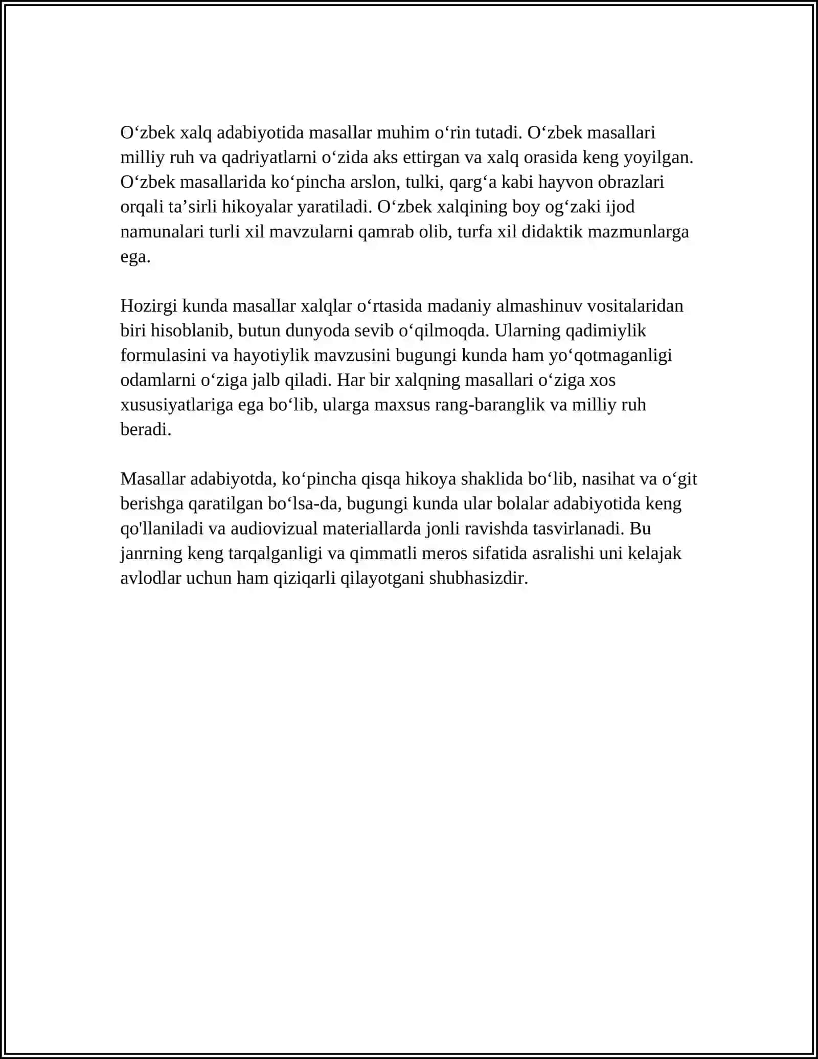 MASAL-MAJOZIY XARAKTERDAGI KICHIK ADABIY JANR 4