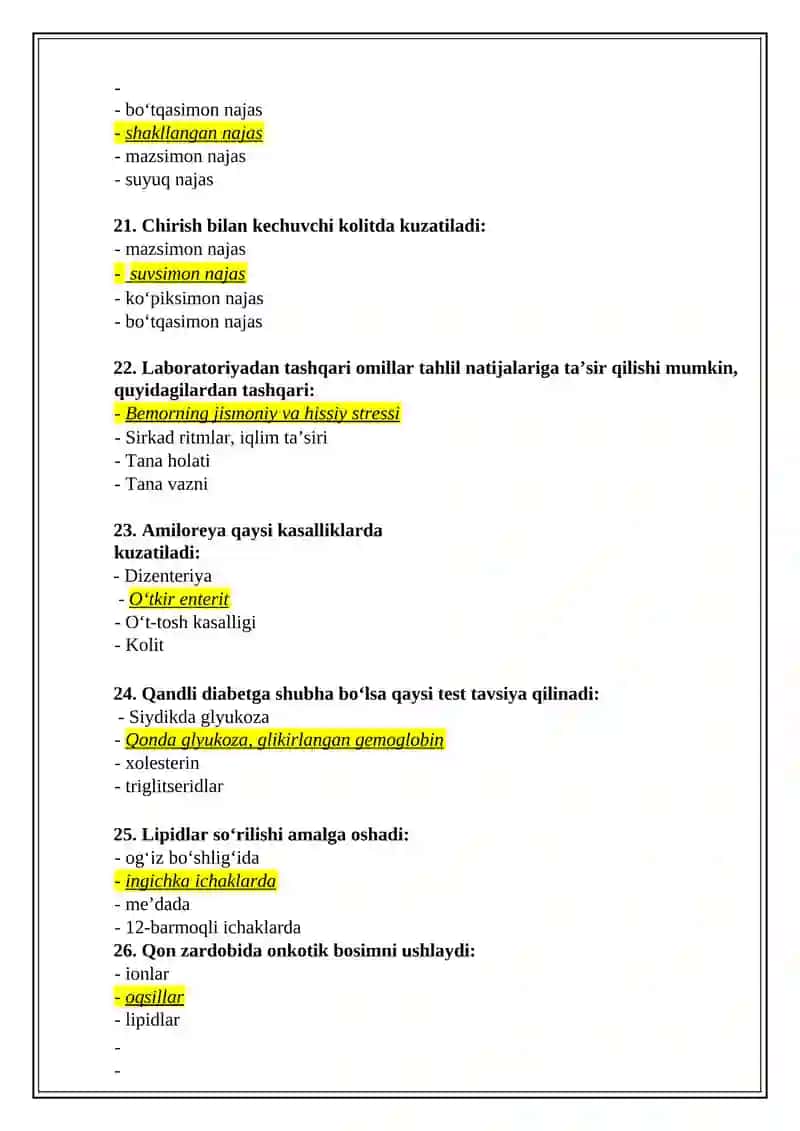 Klinik laboratoriya diagnostikasi mutaxasisiligi bo’yicha shakllantirilgan test savollari ro’yxati 4