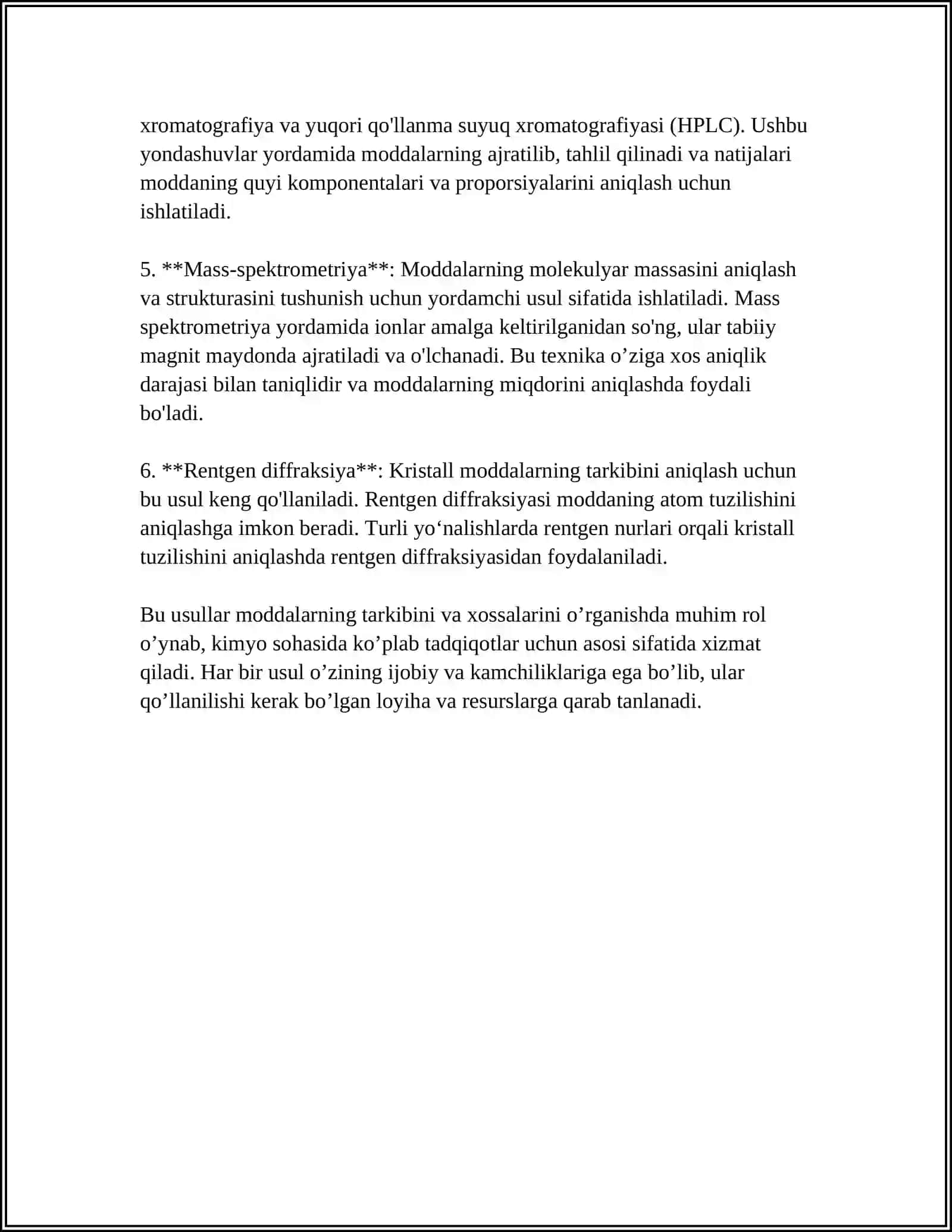 MODDALAR TARKIBI VA XOSSA ANALIZATORLARI. GAZ ANALIZATORLARI (TERMOMAGNIT, TERMOKONDUKTOMETRIK, TERMOKIMYOVIY, ELEKTROKIMYOVIY, OPTIK YUTILISH, OLOVNI IONLASH). XROMATOGRAFLAR. NAMLIK O'LCHAGICHLAR 4
