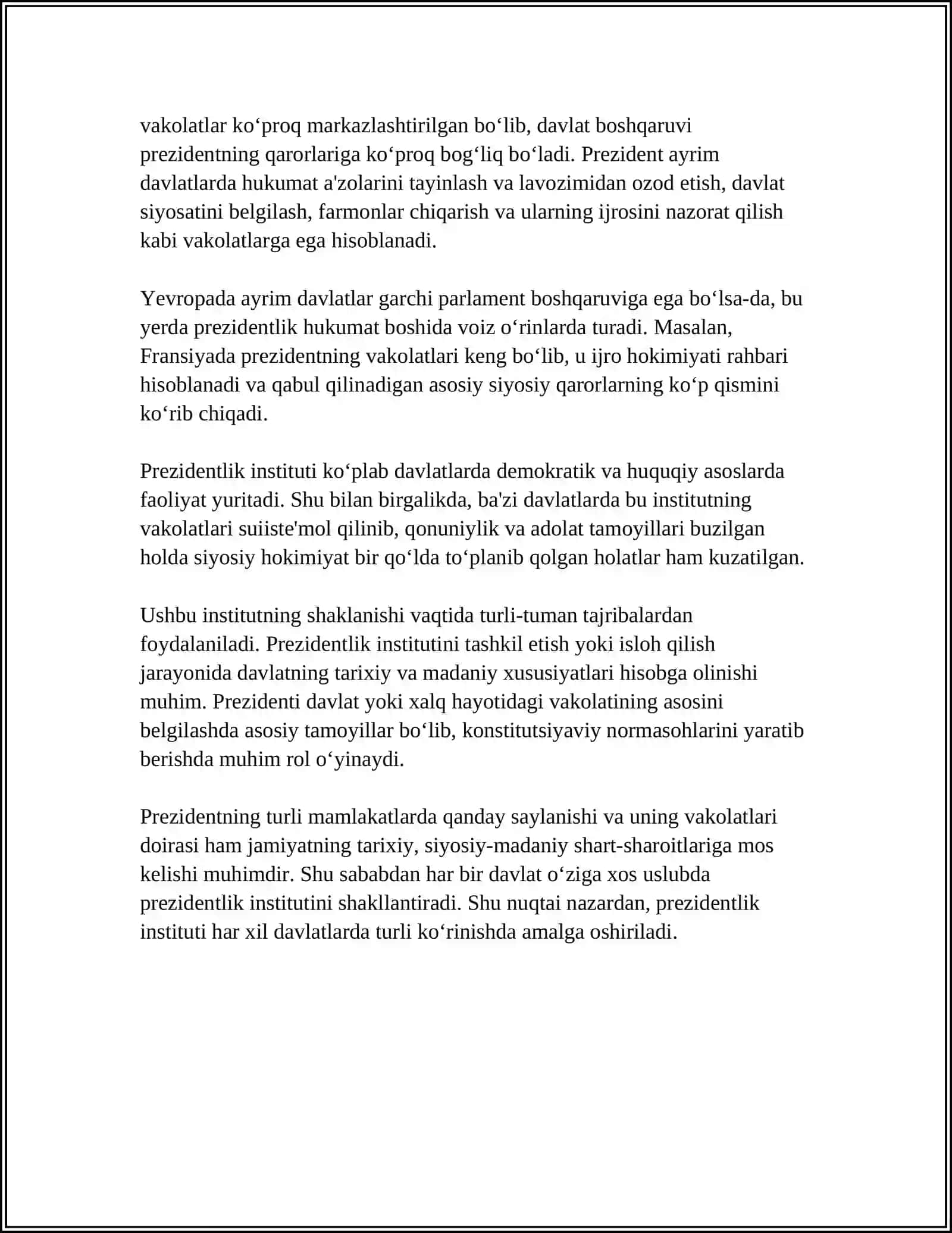 O‘ZBEKISTON RESPUBLIKASI PREZIDENTINING HUQUQIY HOLATLARI 4