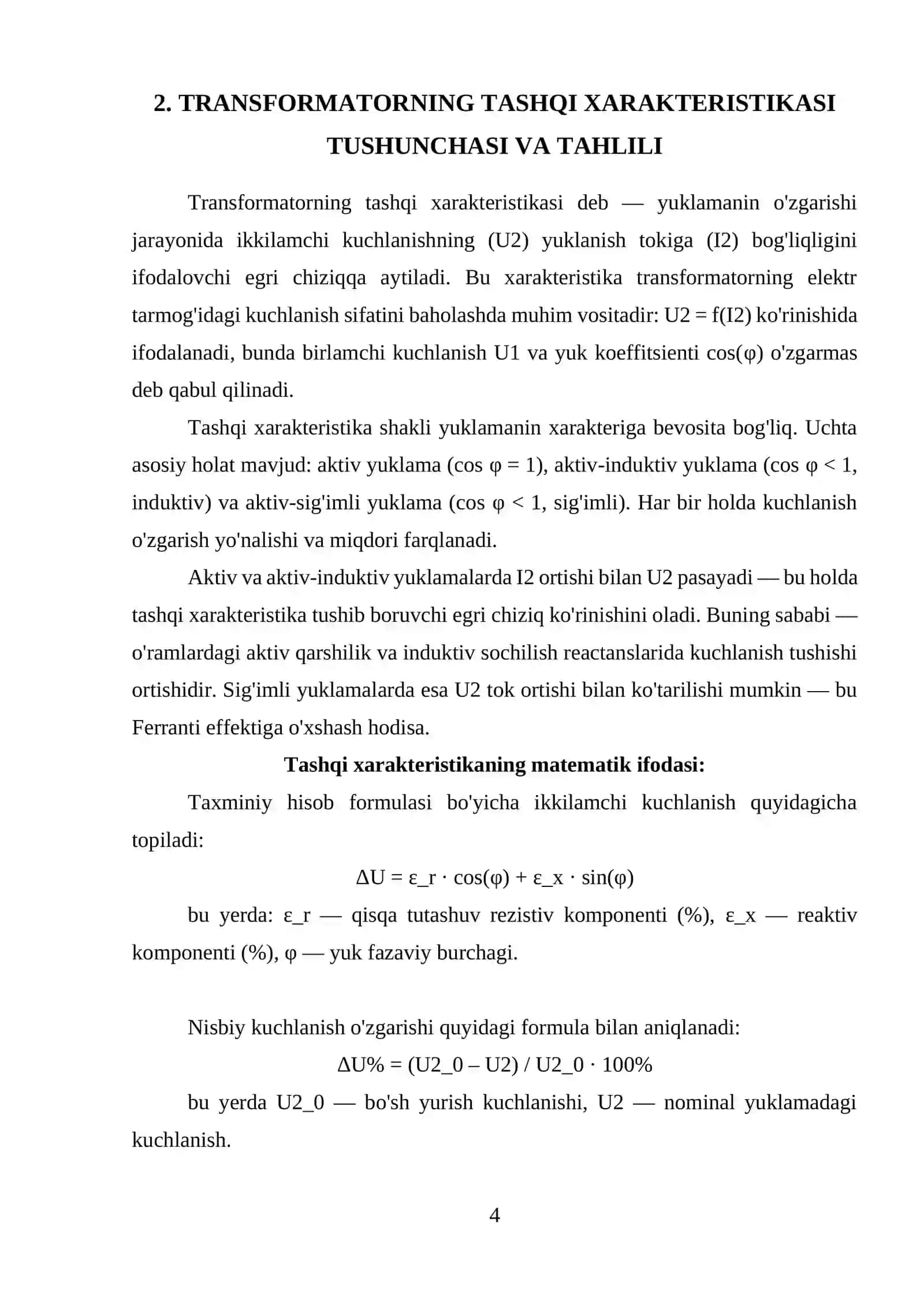 Transformatorning tashqi xarakteristikasi va undagi kuchlanishning o'zgarishi 4