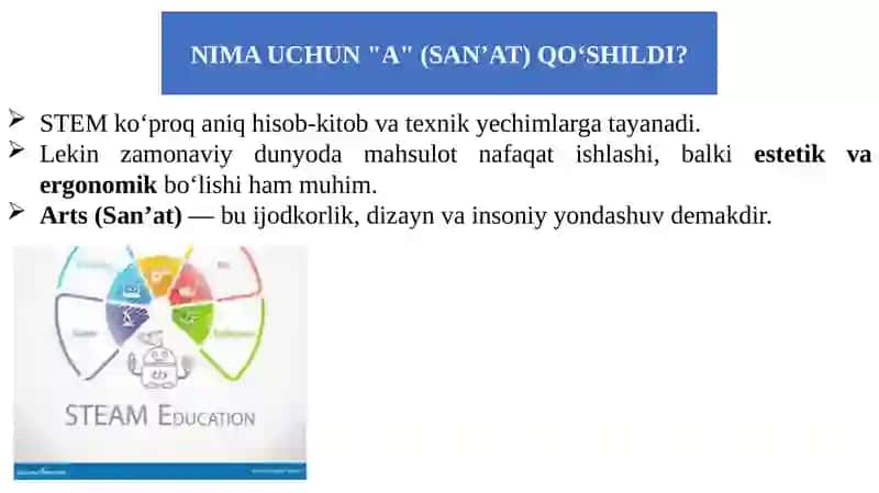STEM ta'lim texnologiyasidan STEAM gacha o'ziga xos xususiyatlari. 4