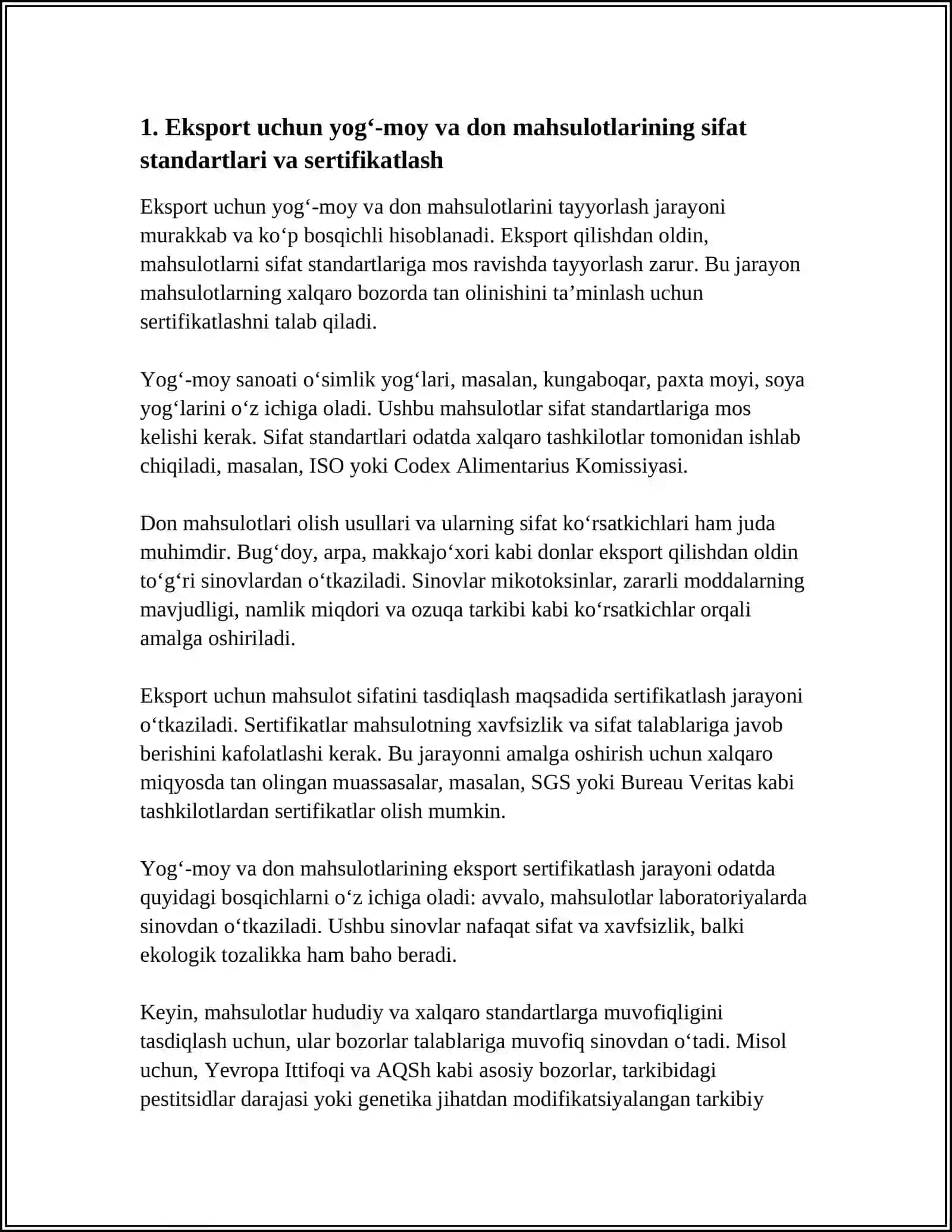 MAVZU: YOG‘-MOY VA DON MAHSULOTLARINI EKSPORTGA TAYYORLASH 4