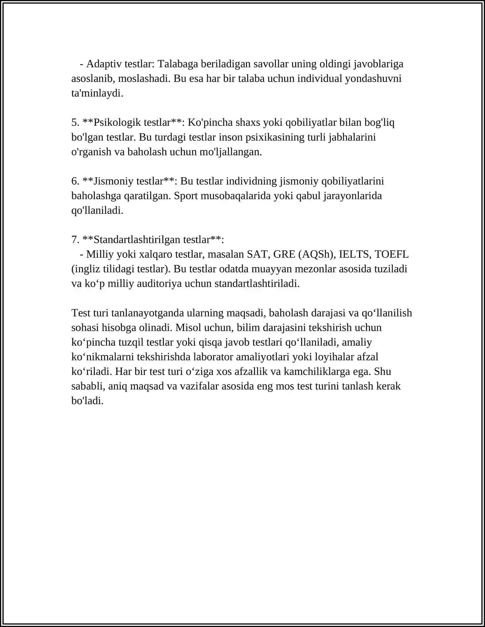 TESTLARNING KLASSIFIKATSIYASI 4