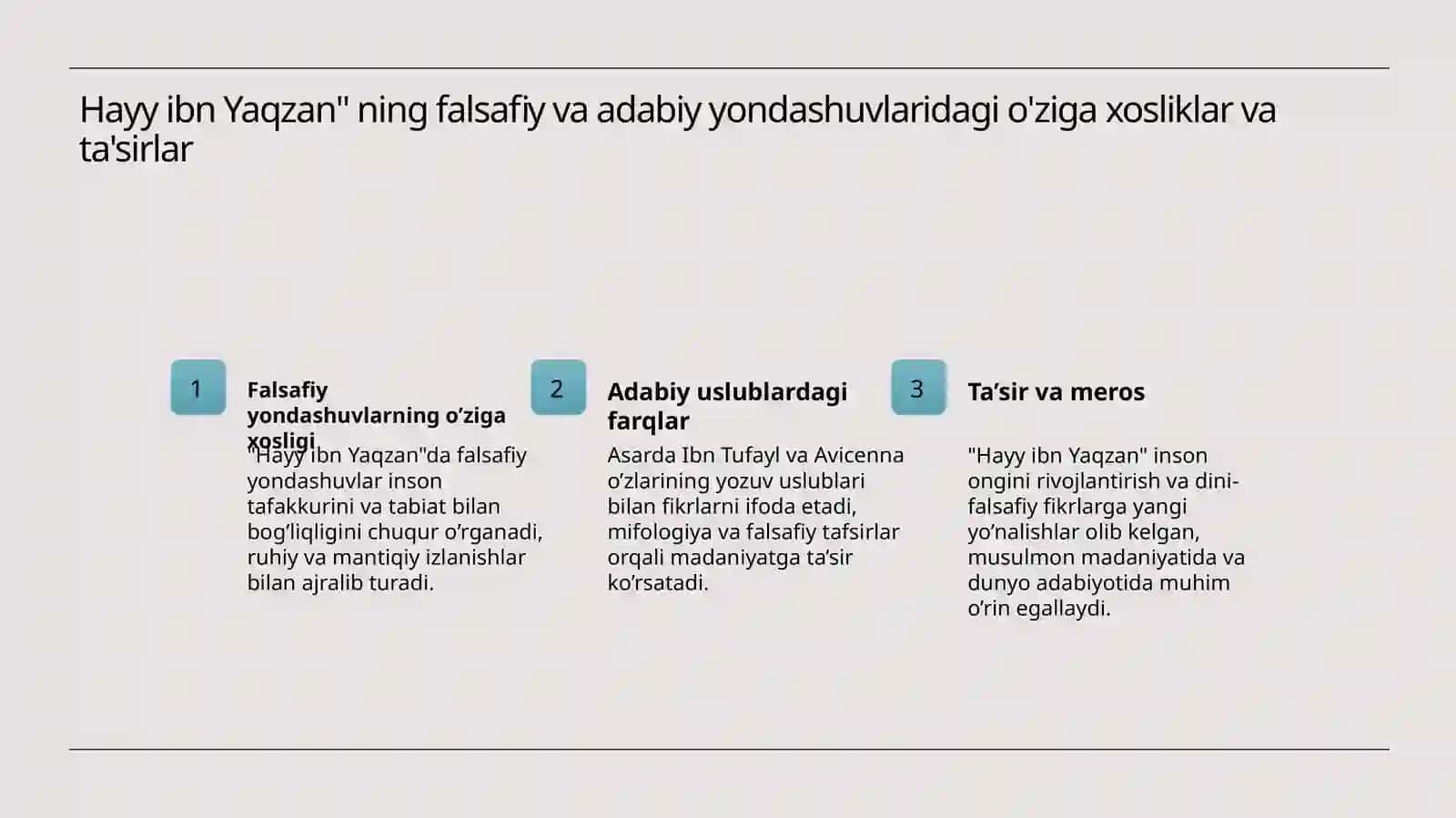 Ibn Tufayl va Ibn sinoning "xay ibn Yalzon oʻĝli" rislosini qiysiy tahlil etish 4