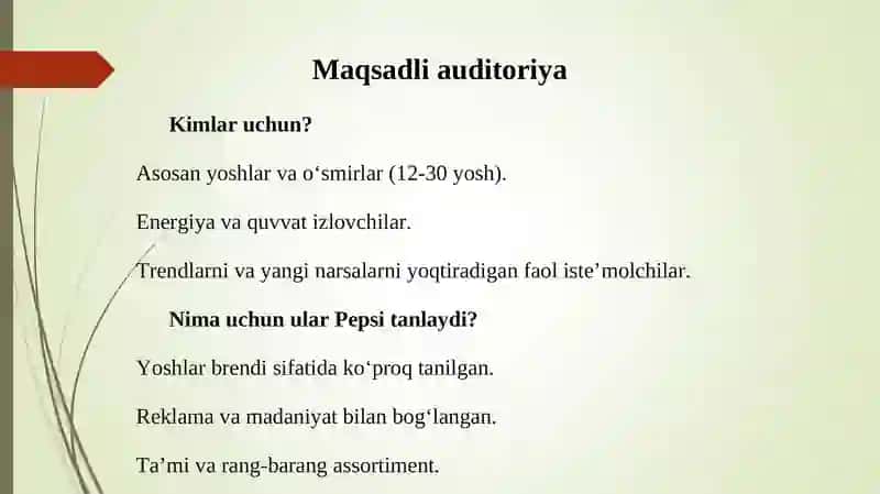 Pepsi brendi raqobat muhiti, maqsadli auditoriyasi va pozitsiyasi tahlili 4