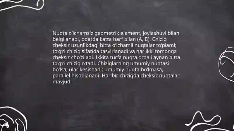 Planimetriya aksiomalarini takrorlash. Sodda geometrik figuralar taʼriflari, xossalari 4