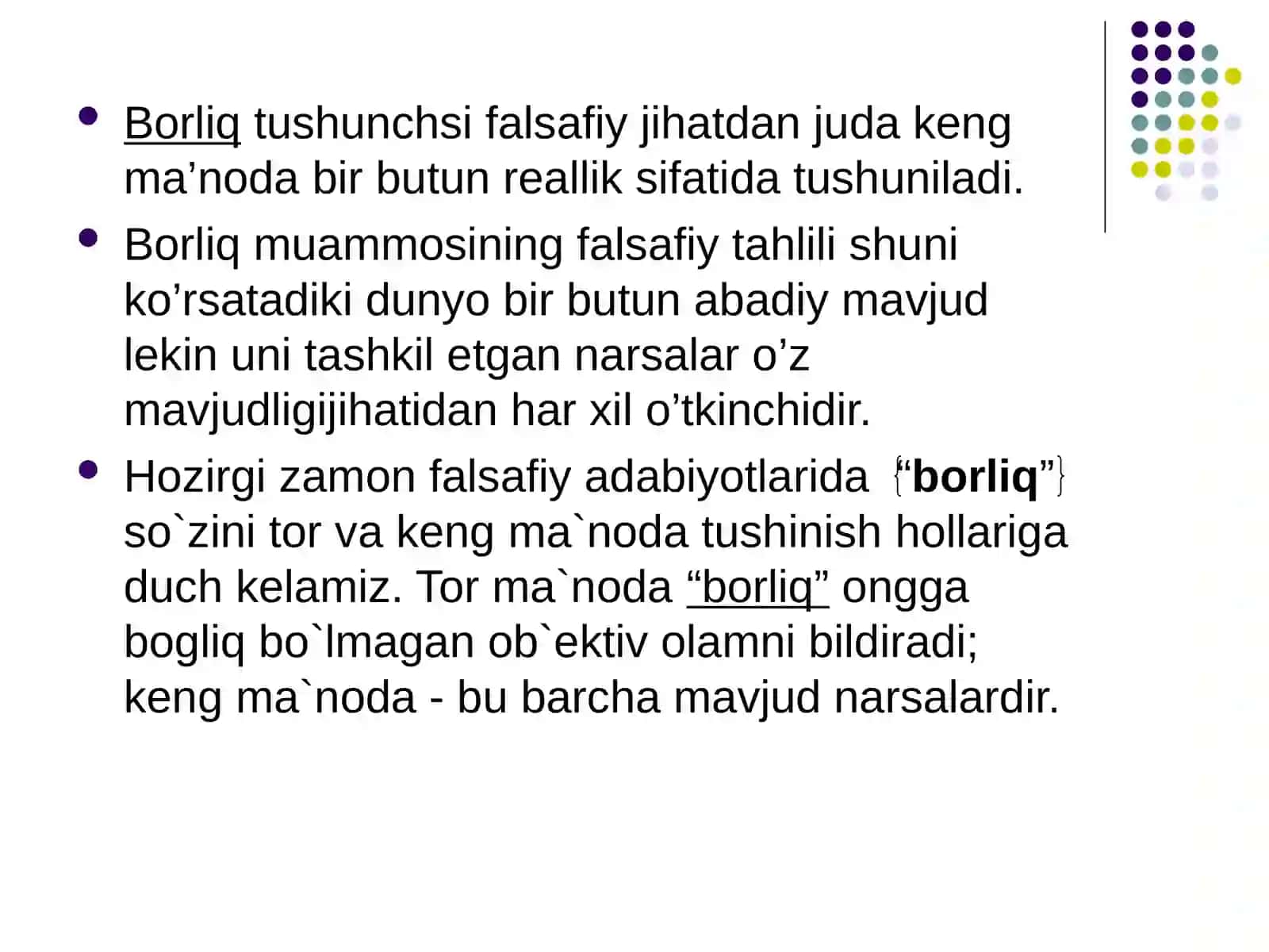 Borliq va yo'qlik tushinchalarining umumiy va o'ziga hos hususiyatlarini o'zaro aloqadorlik jihatlari 4
