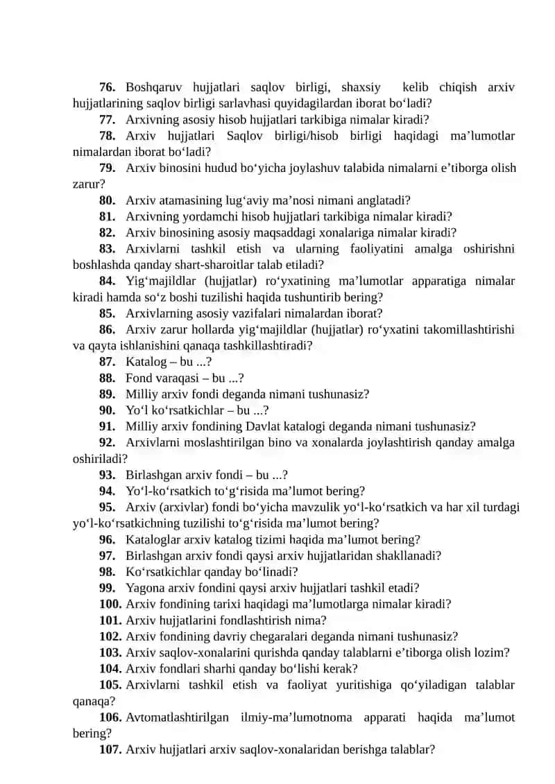 Davlat arxivlari rahbar va xodimlari attestatsiyadan oʻtkazish boʻyicha savollar toʻplami 4