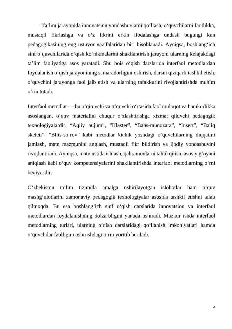 BOSHLANG‘ICH SINFLARDA O‘QISH SAVODXONLIGI DARSLARINI O’TISHDA INTERFAOL METODLARDAN FOYDALANISHMIKRODARS ISHI 4